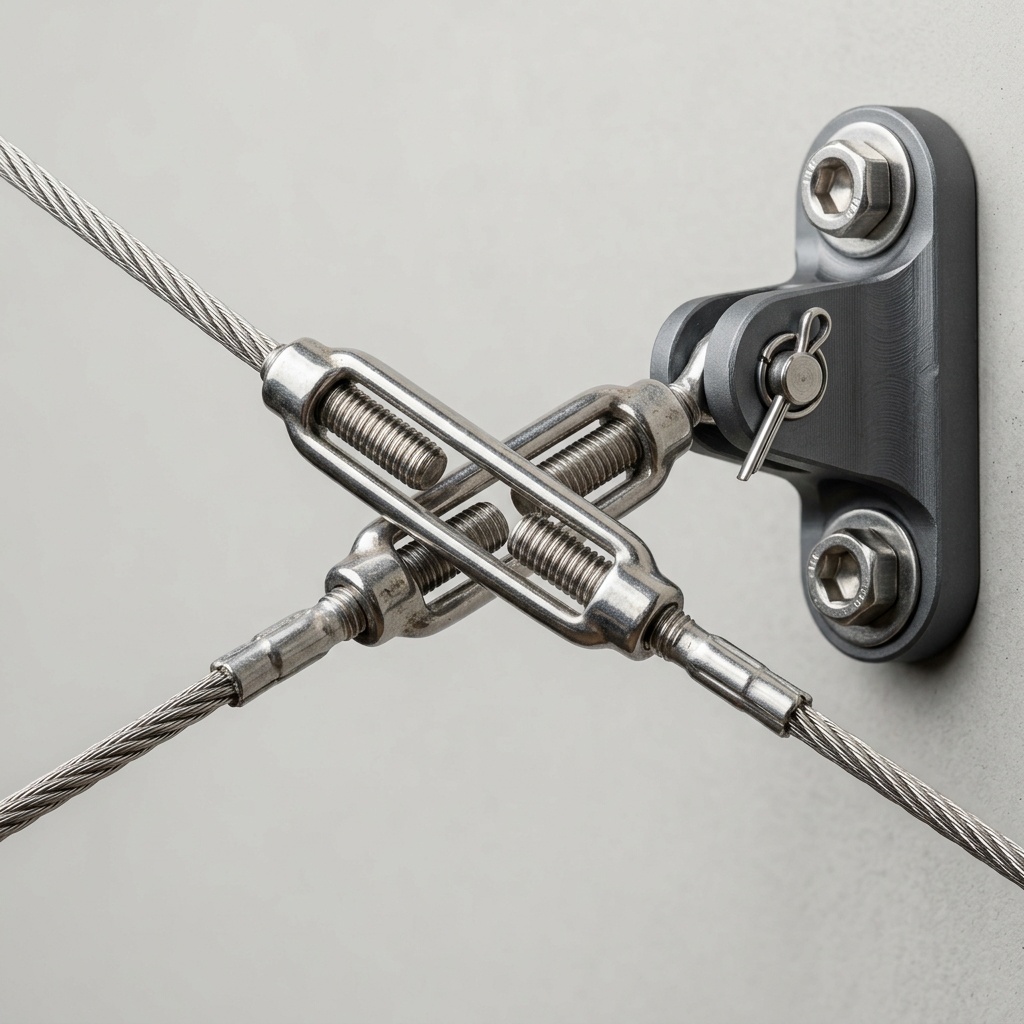 Detail of marine grade stainless steel cable and frame